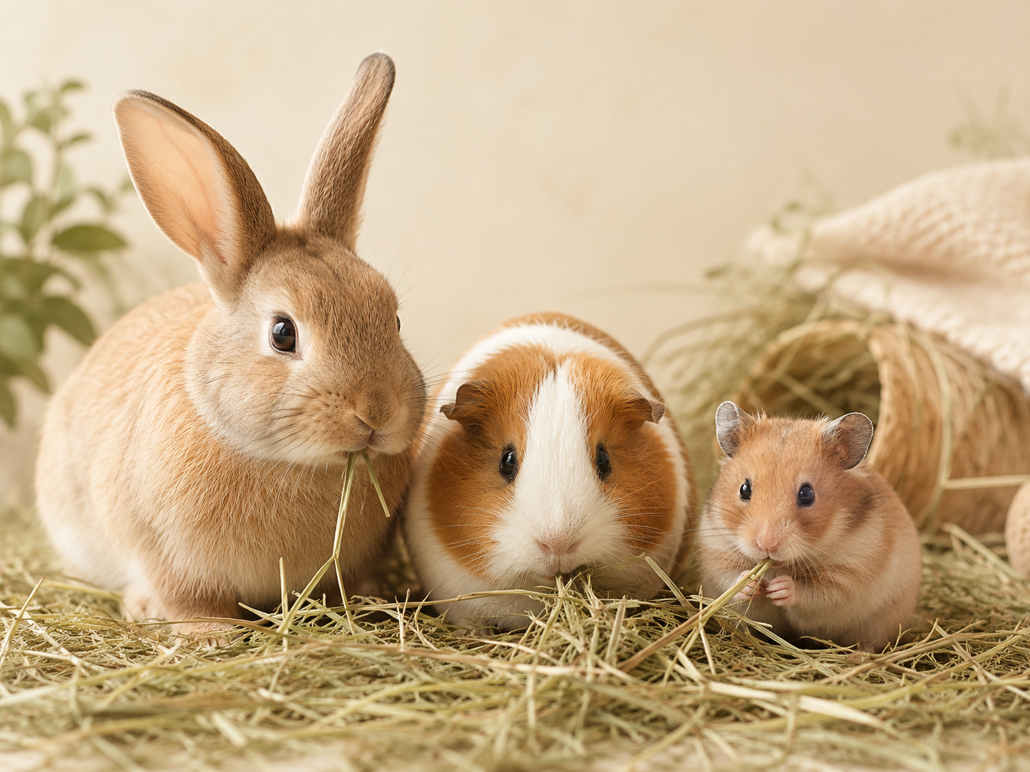 Lapin et cochon d’Inde dans du foin naturel