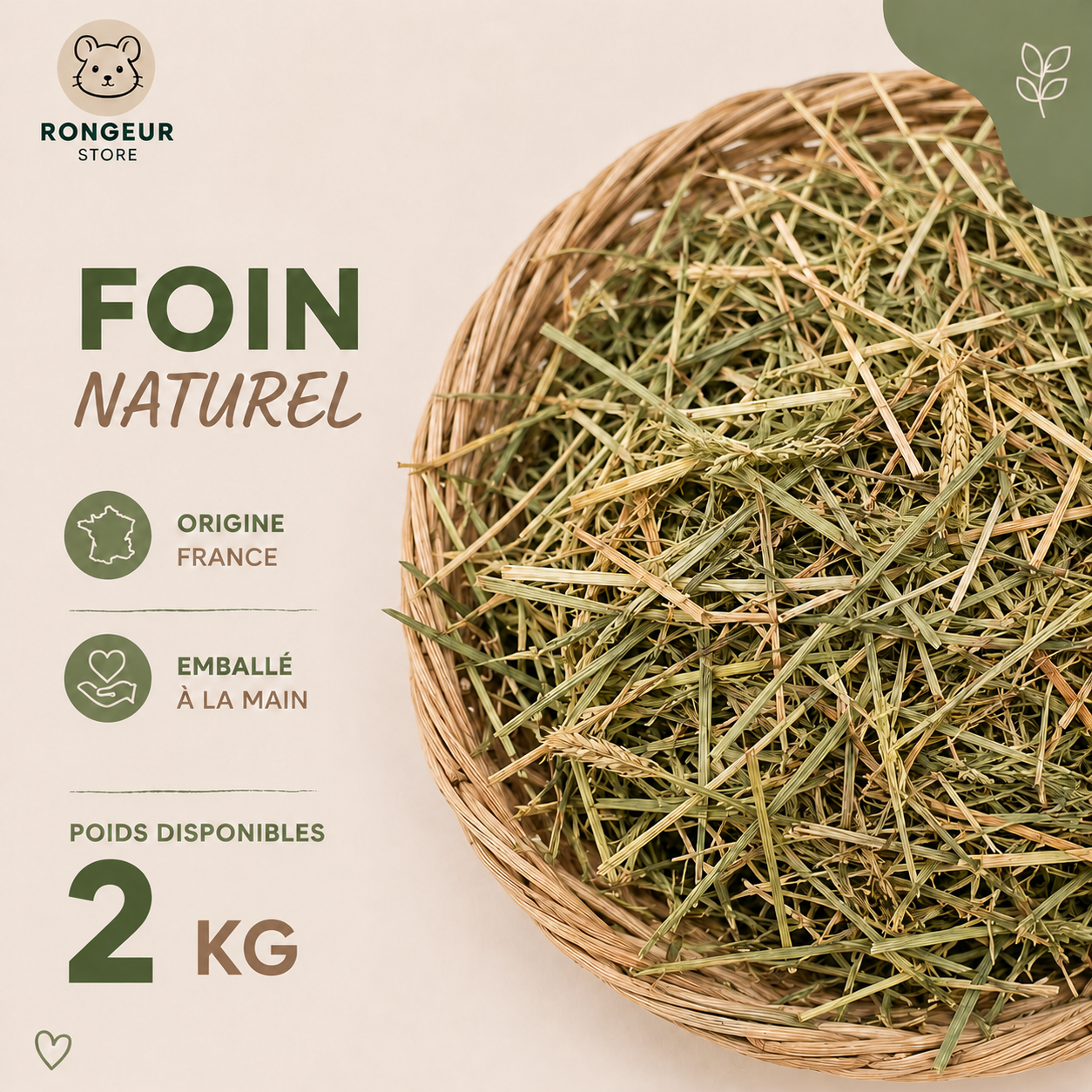 Foin naturel 2 kg pour lapin et cochon d’Inde
