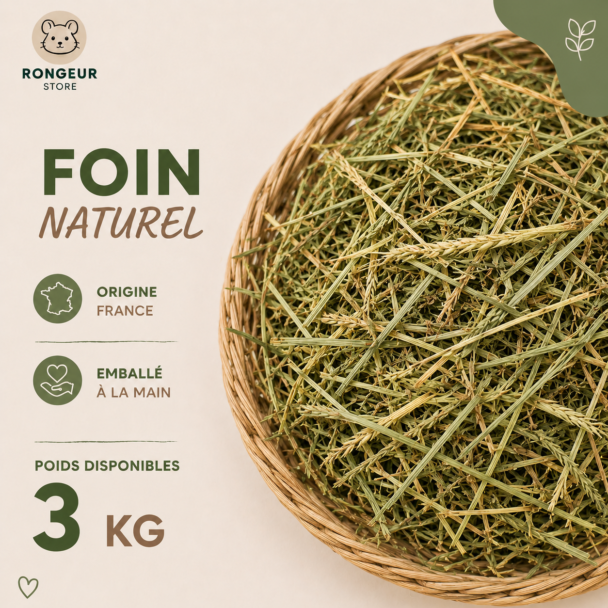 Foin naturel 3 kg pour lapin et cochon d’Inde