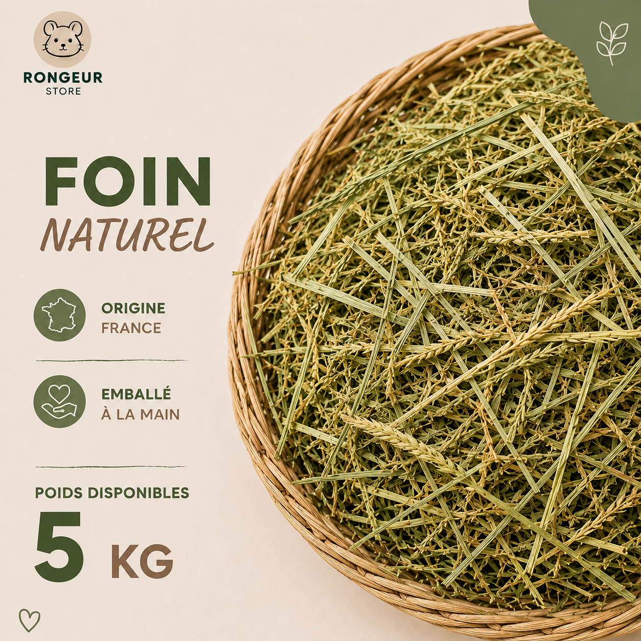 Foin naturel 5 kg pour lapins, cochons d’Inde et petits herbivores