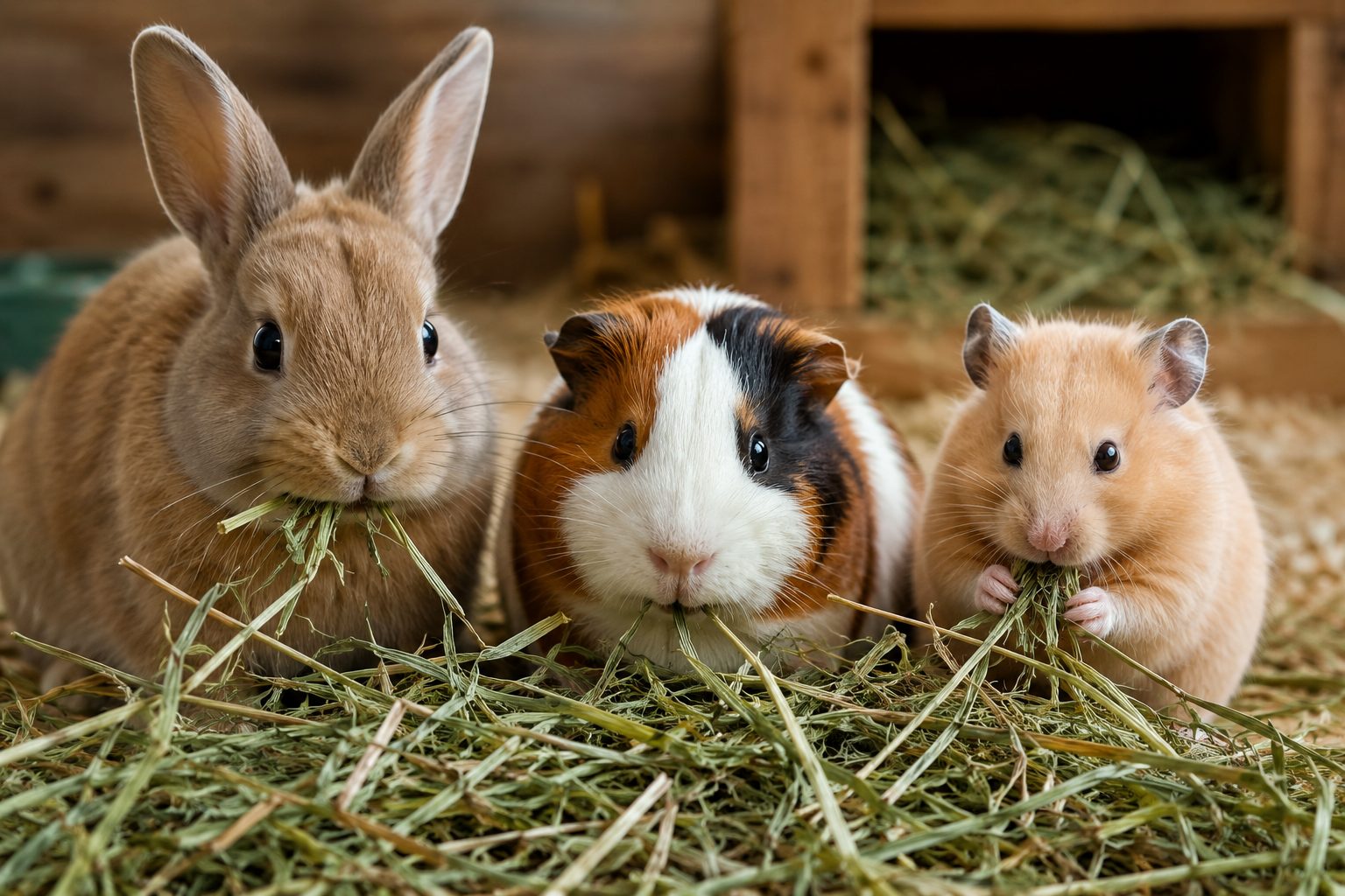 Lapin et cochon d’Inde mangeant du foin naturel